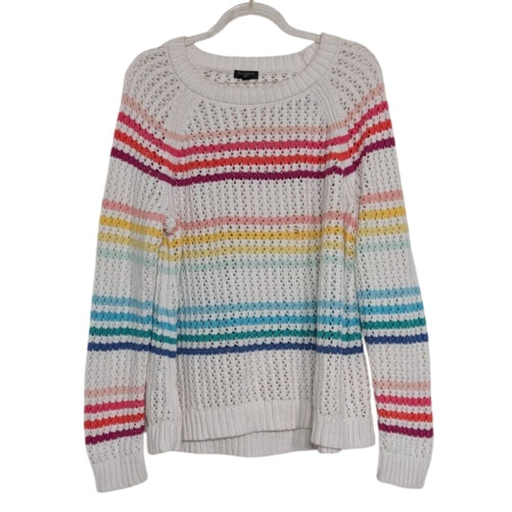 Talbots Rainbow Stripe Sweater Womens Petite Size XL White Colorful Open Knit